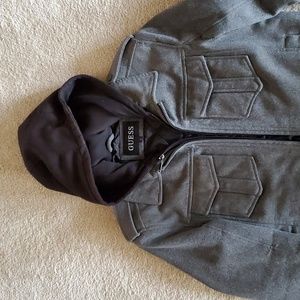 GUESS Gray wool Coat w zip-in black hood. SIZE Small EUC